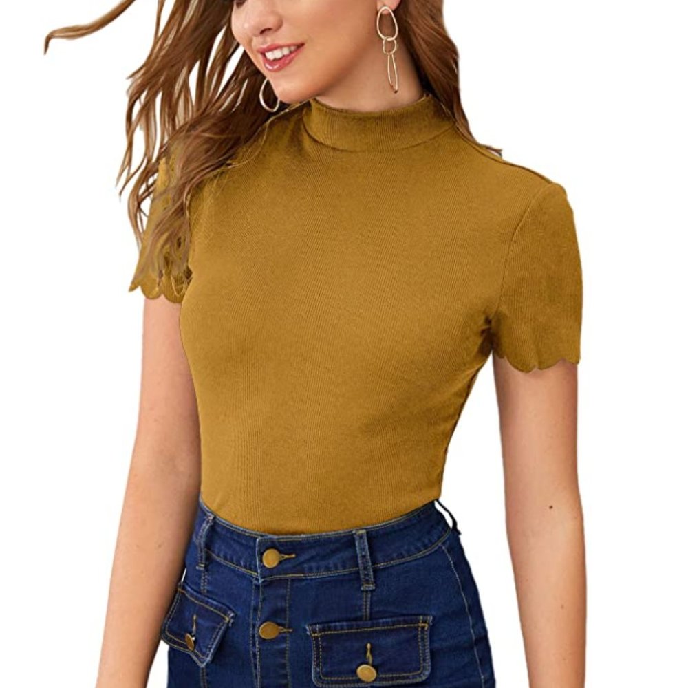 SweatyRocks Mock Neck Ribbed Knit Scallop Short Sleeve Top S